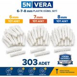 5n Vera 303 Adet Plastik Dübel Seti | 6 mm + 7 mm + 8 mm Karışık Dübel Paketi | Beton, Tuğla, Briket ve Gazbeton Uyumlu