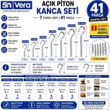 5N Vera 41 Parça Açık Piton Kanca Seti + 10 Dübel Hediyeli | 18X60 19X70 20X80 21X100 22X130 23X150 24X175 mm | Vidalı Tavan Duvar Ahşap Askı Kancası