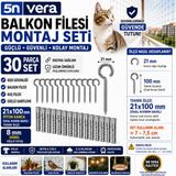 5N Vera Balkon Filesi Montaj Seti 30 Parça 21x100 mm Piton Kanca ve 8 mm Dübel ile Kedi Güvenliği