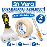 5N Vera Boya Badana Hazırlık Seti 3 Parça – 10 cm Macun Boyacı Spatulası + 36 mm x 35 Metre Maskeleme Bandı + Ince Metal Maket Bıçağı | Kazıma, Maskeleme ve Kesim Seti
