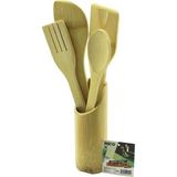 5pcs Ahşap Bambu Mutfak Seti Stand - Kaşık - Çatal - 2 Spatula Fileli (4887) - Renkli - 1