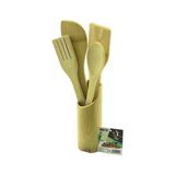 5Pcs Ahşap Bambu Mutfak Seti Stand - Kaşık - Çatal - 2 Spatula Fileli (5433)