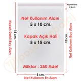 5X10+5 Cm.(5X15) 250 Adet Şeffaf Bantlı Yapışkanlı Opp Poşet