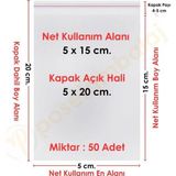 5x15+5 cm.(5x20) 50 Adet Şeffaf Bantlı Yapışkanlı OPP Poşet