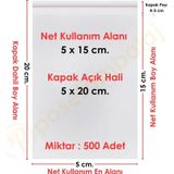 5x15+5 cm.(5x20) 500 Adet Şeffaf Bantlı Yapışkanlı OPP Poşet