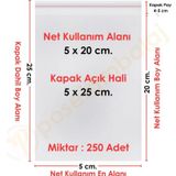5X20+5 (5X25) Cm. 250 Adet - Şeffaf Bantlı Yapışkanlı Jelatin Poşet
