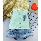 6-9-12-18 Ay Gül Rozet Detaylı Kot Kilotlu Etek Kız Bebek Elbisesi Yeşil - 6 Ay