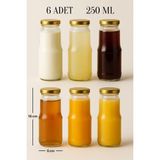 6 Adet 250 ml Şeffaf Sürahi Süt, Ayran, Su, Limonata, Meşrubat Şişesi Metal Kapaklı Cam Şişe - Metalik Gold