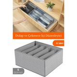 6 Adet - 5 Bölmeli Dolap ve Çekmece Içi Düzenleyici Saklama Kutusu Organizer - Gri Benekli