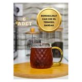 6 Adet Borosilikat İnce Cam Termisil Çay Kahve Sunum Bardağı Gold Kulp 330 Ml