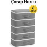 (6 Adet) Çorap Hurcu Gri Kumaş Organizer Fermuarlı Saklama Hurcu Çekmece Içi Düzenleyici 29X24X17CM