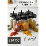 6 Adet Kapağı Kendinden Kaşıklı Baharatlık Seti 314 ml Cam Baharat Takımı