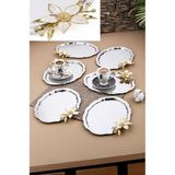 6 Adet Oval Papatya Çiçekli Kahve-Çay Servis ve Sunum Tepsisi 25X20 Cm, Gümüş - Çok Renkli - Standart