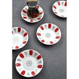 6 Adet Porselen Acem Çay Tabağı Klasik Model Kırmızı Çay Tabak 10 cm