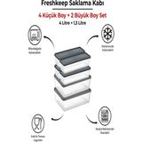 6 Adet Saklama Kabı (2 Büyük-4 Orta Boy) 4 Litre + 1,3 Litre Derin Dondurucu Mikrodalga Uyumlu - Gri