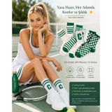 6 Çift Pamuklu Tenis Çorap Soket Boy - Unisex, Pamuklu Renkli Çizgili Fitilli Kolej Spor Nefes Alabilir Atletik Performans ve Kompresyon Tenis Çorapları (Yeşil-Beyaz, 38-43)