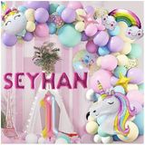 6 Harfli Yaş Seçenekli Gökkuşağı Konseptli Unicorn Temalı Makaron Balon Doğum Günü Parti Kutlama Seti