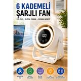 6 Kademeli Şarjlı Masaüstü Fan Dijital Ekranlı Led Işıklı Duvara Monte Askılı Mini Fan K6 Model