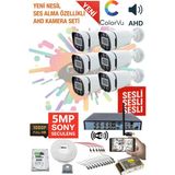 6 Kameralı Sesli Kamera Seti 5Mp Sony Seculensli 1080P, 4 Warm Led, Gece Renkli, Full Hd Ahd Güvenlik Kamerası Seti, Colorvu, Plastik Kasa