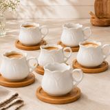 6 Kişilik 12 Parça Porselen Fincan Takımı, 250 ml Dalga Kenarlı Beyaz Kahve ve Çay Fincanı, Bambu Altlıklı Set