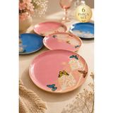 6 Kişilik 26 cm Pembe Mavi Kelebek Desenli Gerçek Altın Yaldızlı Pasta Servis Tabağı Seti Sudedi Home - Çok Renkli
