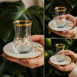 6 Kişilik Gold Detaylı Cam Çay Bardağı Ve Porselen Tabak Seti Lüks Sunumluk
