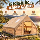 6 Kişilik Şişme Kamp Çadırı 300X210X200 cm 4 Mevsim Geniş Aile Çadırı Hızlı Kurulum Tavan Pencereli - Açık Kahverengi