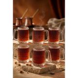 6 Lı Cam Kulplu Çizgili Çay Bardağı Bardak Kupa 150ml Şeffaf