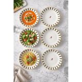6 Lı Çukur Tabak Seti Siyah Şeritli Kuş Desenli Şık Yemek Tabağı & Modern Sofra Sunum Tabağı 19 Cm