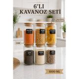 6 Lı Etiketli Cam Kavanoz Seti Bambu Vakum Kapaklı Çizgili Erzak Bakliyat Saklama Kabı 1000 Ml Şeffaf