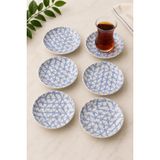 6 lı Porselen Çay Tabağı, Porselen Çay Tabak Geometrik Desen Mavi