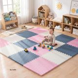 6 Parça 50X50 Puzzle Mat - 100X150 cm Kurulumlu Oyun Spor Matı Puzzle Halı Tatami 13M (Beyaz-Pembe-Lacivert) - Standart - Çok Renkli - 0,60 x 19 x 29 cm