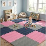 6 Parça 50x50 Puzzle Mat - 100x150 cm Kurulumlu Oyun Spor Matı Puzzle Halı Tatami 13m (pembe-gri-lacivert)