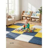 6 Parça 50X50 Puzzle Mat - 100X150 cm Kurulumlu Oyun Spor Pilates Matı Puzzle Halı Tatami 13MM - 100 x 150 cm - Sarı - Lacivert - Beyaz