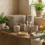 6 Parça Banyo Seti, Bambu Detaylı, 8L Çöp Kovası 24x26x16 cm (Toprak)