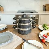 6 Parça Cam Kapaklı Granit Tencere Seti (16 Cm-18 Cm-20 Cm) - Güveç Seti