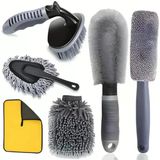 6 Parça Profesyonel Mikrofiber Araç Oto Yıkama Seti Yıkama Eldiveni Jant Lastik Fırçası Toz Fırçası