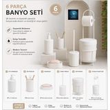 6 Parçalı Banyo Aksesuar Seti, Siyah, Modern Tasarım, Sıvı Sabunluk, Diş Fırçalık, Sabunluk, Tuvalet Fırçası, Çöp Kovası (BEYAZ)