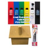 6 Renk 75 ml Akrilik Boya 4 Adet Fırça ve Ahşap Kumbara Seti Kumbara Ebatı 10X12X13 cm