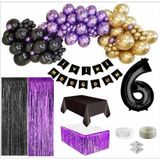 6 Yaş Siyah, Gold, Mor Balon, Siyah-Gold Doğum Günü Seti