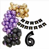 6 Yaş Siyah, Gold, Mor Balon+Banner Seti