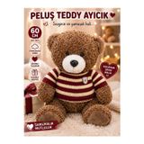 60 CM Dev Peluş Teddy Ayıcık – Yumuşacık Büyük Boy Sevimli Ayı Çizgili Kazaklı KIRMIZI