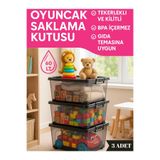 60 LT Kapaklı Oyuncak Saklama Kutusu 3’lü Set – Tekerlekli Kilitli BPA İçermez Çocuk Odası Organizer Siyah