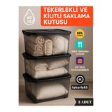 60 LT Tekerlekli Kilitli Saklama Kutusu 3’lü Set Kapaklı Şeffaf BPA İçermez Üst Üste İstiflenebilir Siyah