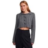 60203 Polo Yaka Düğmeli Simli Crop Triko Hırka-Füme-Siyah STD