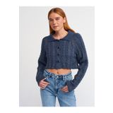 60203 Polo Yaka Düğmeli Simli Crop Triko Hırka-İndigo-S.