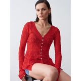 60433 Düğmeli Peplum Dantel Hırka-Kırmızı 36