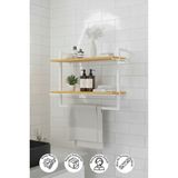 60x20 cm Banyo Rafı Duvara Monte Havluluk 2 Katlı Dekoratif Düzenleyici Organizer Beyaz Metal - Meşe