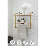 60X20 cm Banyo Rafı Duvara Monte Havluluk 2 Katlı Dekoratif Düzenleyici Organizer Gold Metal - Çam