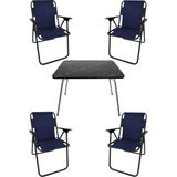 60X80 Granit Desenli Katlanır Masa + 4 Adet Katlanır Sandalye Kamp Seti Bahçe Takımı Lacivert - Polyester - 318-Kahve